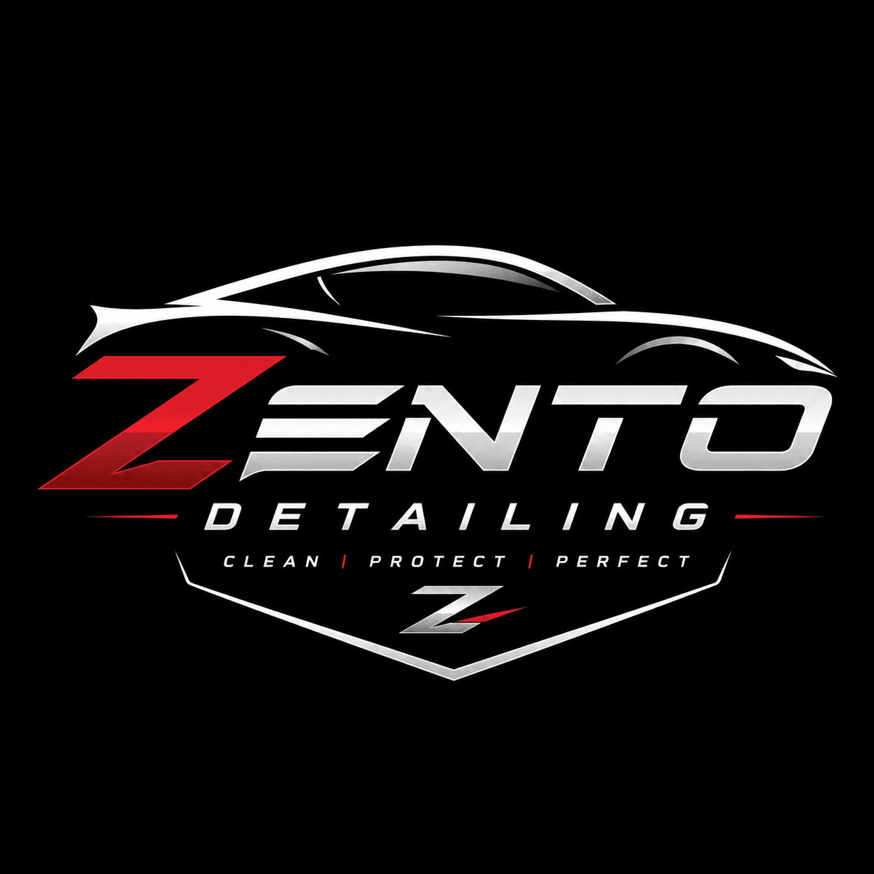 Zento Detailing logo with a metallic car silhouette, red Z, and clean protect perfect slogan.